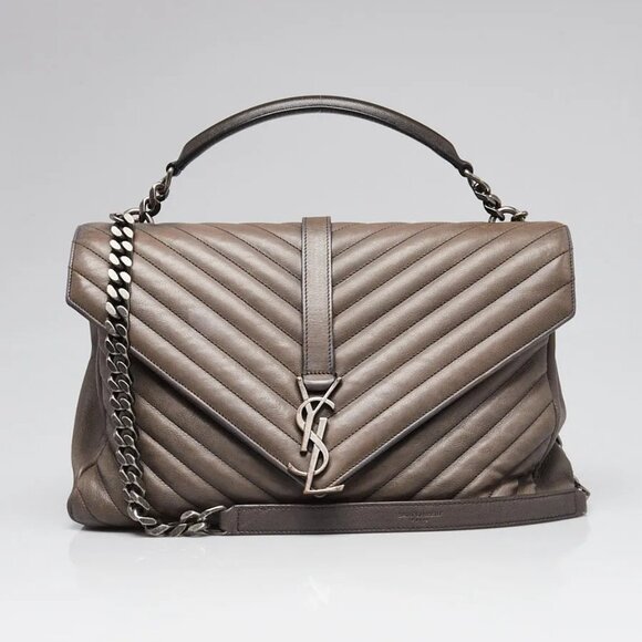 Yves Saint Laurent Grey Chevron Quilted Leather Monogram Large College Bag - Picture 1 of 12
